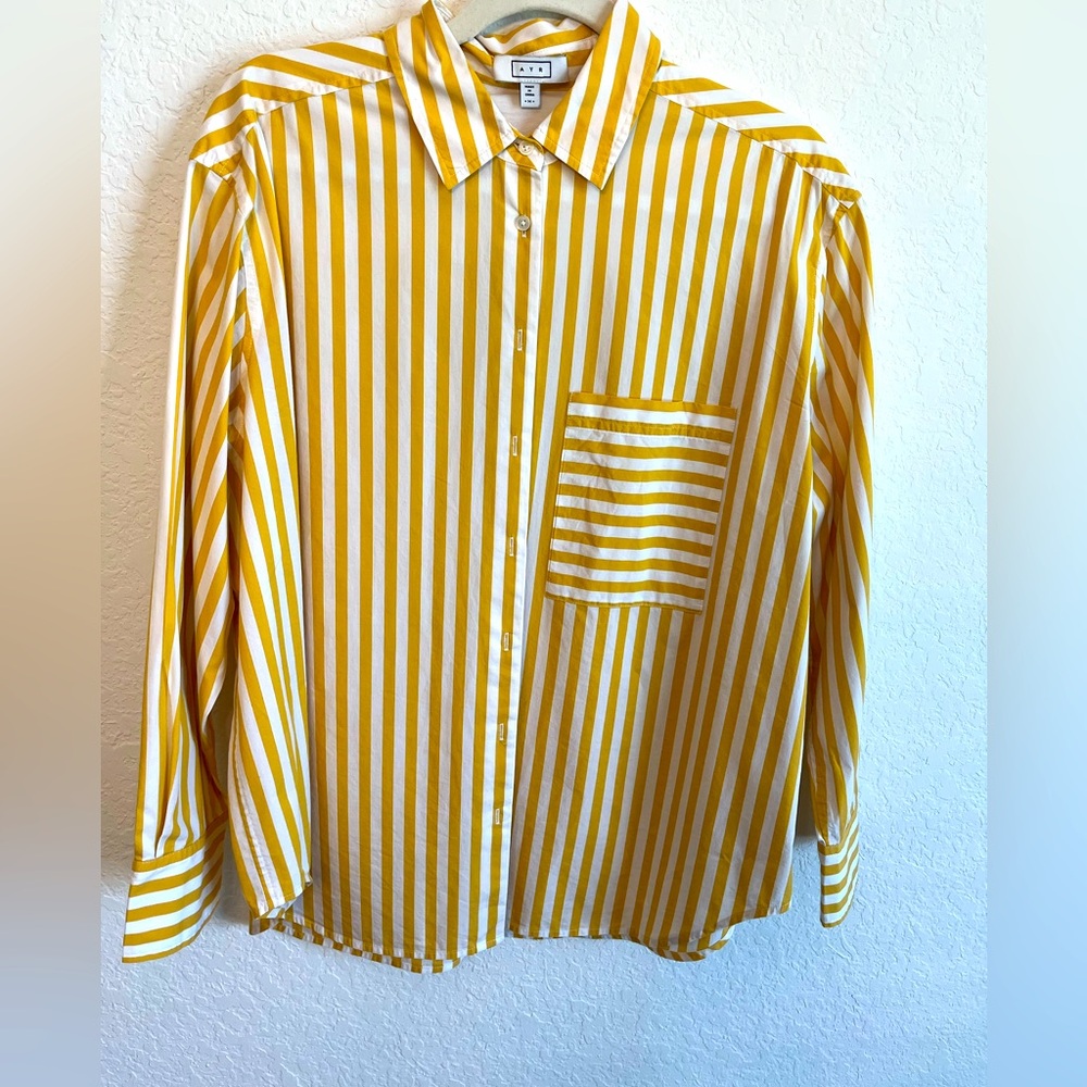 AYR Button Down Striped Shirt Women’s Medium in Mac + Cheese (Yellow & White)